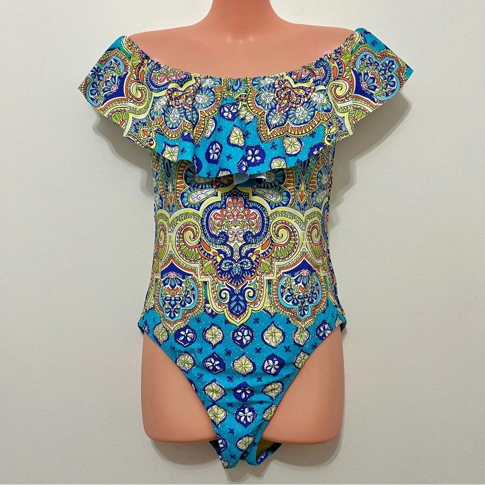 Like New Trina Turk Off Shoulder Ruffle Bandeau One Piece Swimsuit Resortwear